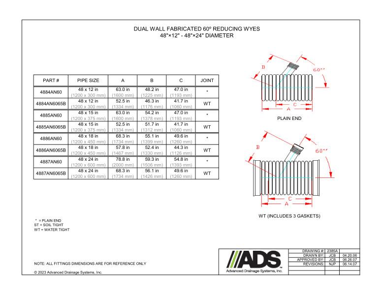 48" x 12" - 48" x 24" Fabricated 60 Degree Reducing Wyes (HDPE Dual Wall Fabricated Wyes Fittings)