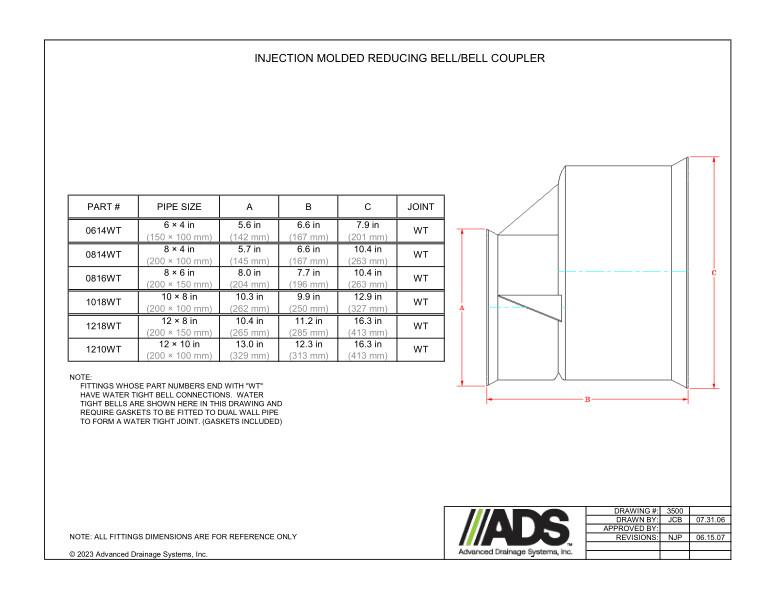 6" x 4" - 8" x 4" - 8" x 6" - 10" x 8" - 12" x 8" - 12" x 10" Injection Molded Reducing Bell/Bell Coupler (HDPE Dual Wall Injection Molded Reducing FIttings)