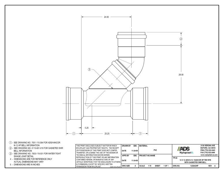 12 x 12 HP Tee Wye with Gasketed SWR Bell Nyloplast Detail