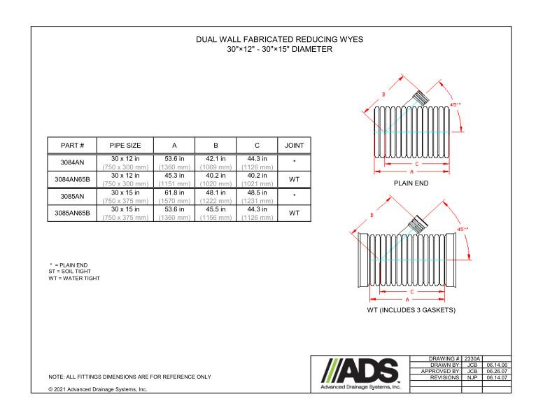 30" x 12" - 30" x 15" Fabricated Reducing Wyes (HDPE Dual Wall Fabriated Wyes Fittings)