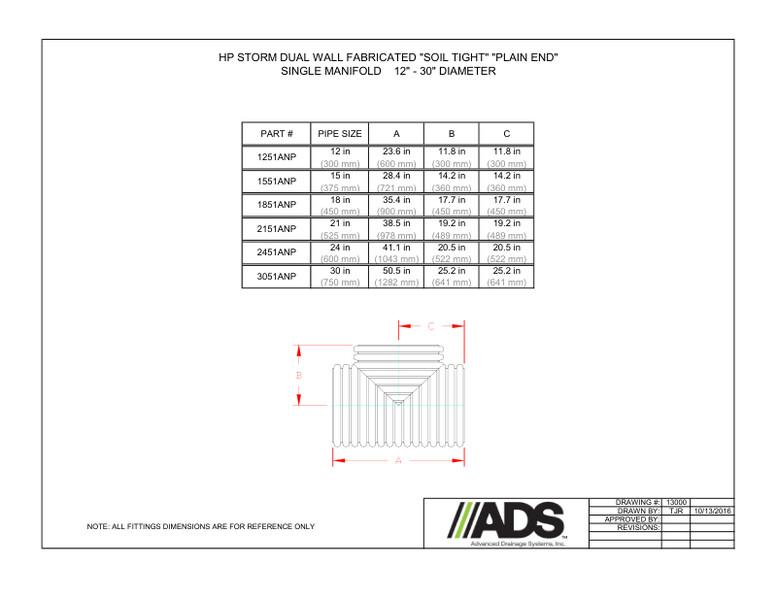 12"-30" ST Plain End Single Manifold (HP Storm Manifolds Fittings Manual)
