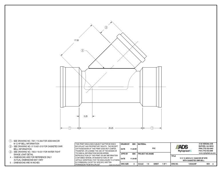 12 x 12 HP Wye with Gasketed SWR Bell Nyloplast Detail