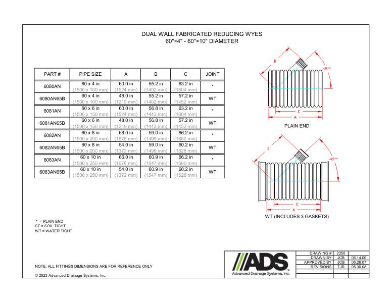 60" x 4" - 60" x 10" Fabricated Reducing Wyes (HDPE Dual Wall Fabricated Reducing Wyes Fittings)