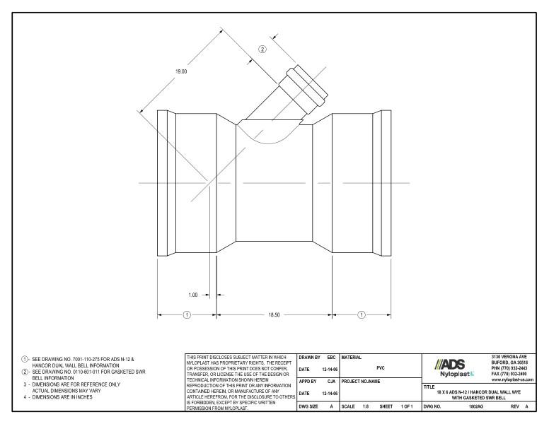18 x 6 N-12 Dual Wall Wye with Gasketed SWR Bell Nyloplast Detail