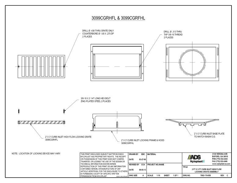 2' x 3' Curb Inlet High Flow Locking Grate Assembly Nyloplast Detail