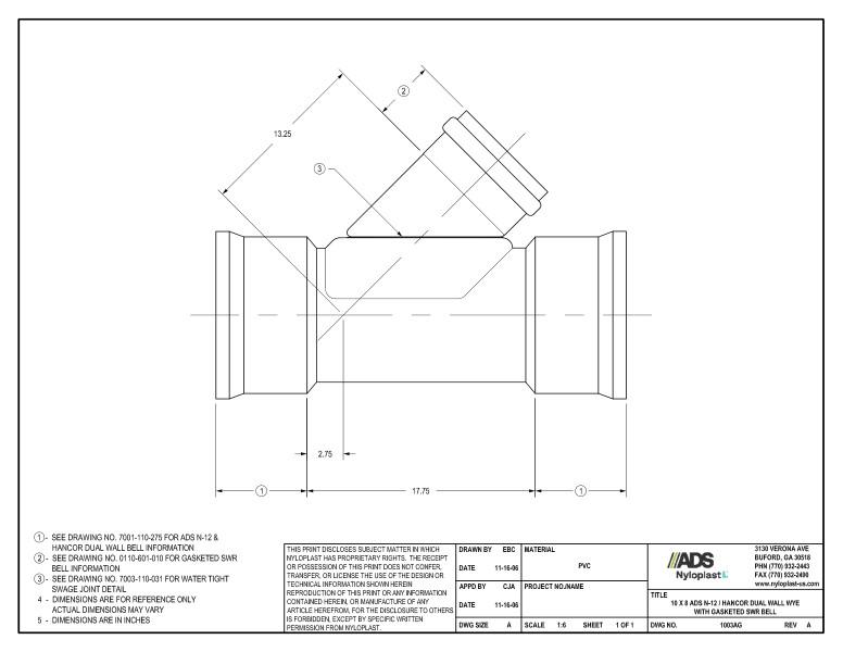10 x 8 N-12 Dual Wall Wye with Gasketed SWR Bell Nyloplast Detail