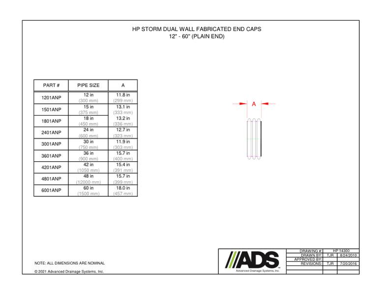 12"-60" End Cap - Plain End (HP Storm Miscellaneous Fittings Manual)
