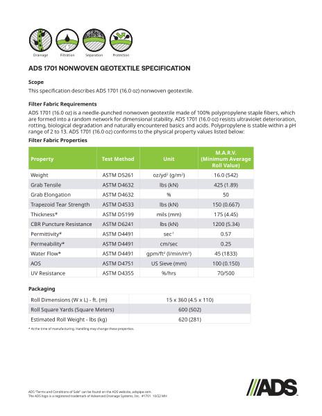 1701T Nonwoven Geosynthetic Specification