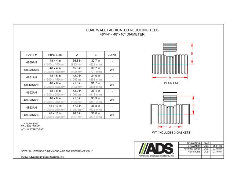 48" x 4" - 48" x 10" Fabricated Reducing Tees (HDPE Dual Wall Fabricated Tees Fittings)