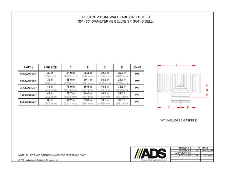 30"-60" Tee - IB Bell/IB Spigot/IB Bell (HP Storm Tees Fittings Manual)