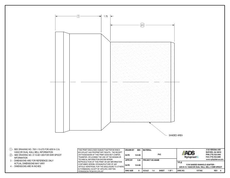 15" Sanded Manhole Adapter - N-12 Dual Wall Bell x SWR Spigot Nyloplast Detail