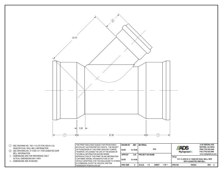 18 x 12 N-12 Dual Wall Wye with Gasketed SWR Bell Nyloplast Detail