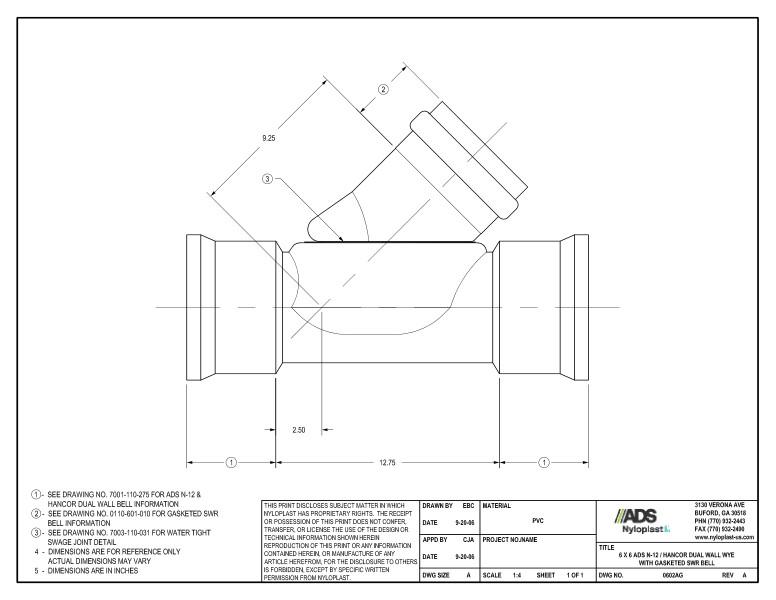 6 x 6 N-12 Dual Wall Wye with Gasketed SWR Bell Nyloplast Detail