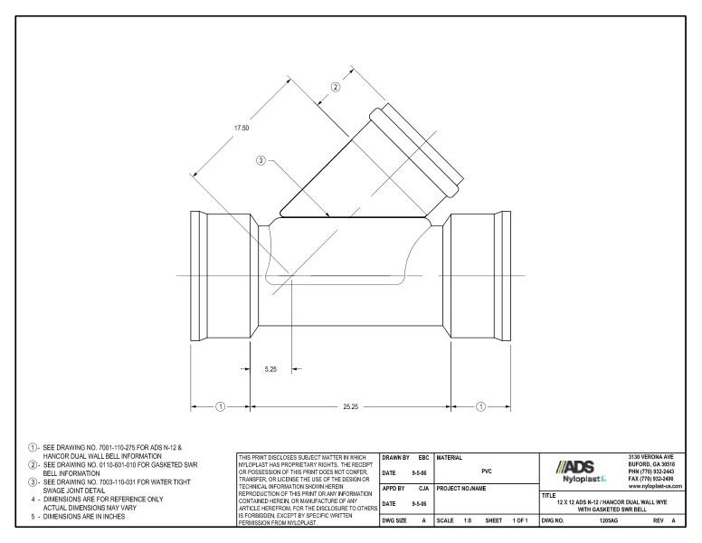 12 x 12 N-12 Dual Wall Wye with Gasketed SWR Bell Nyloplast Detail