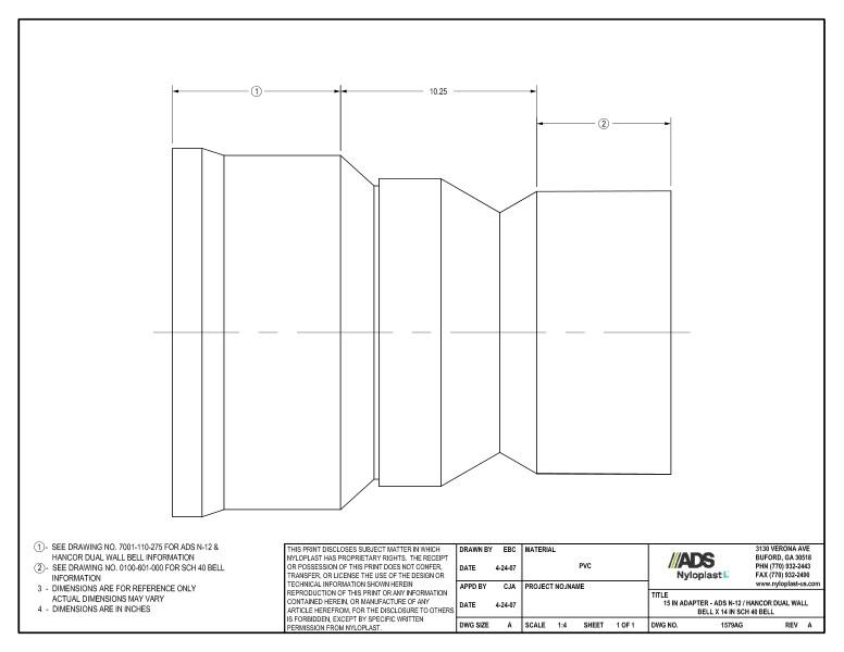 15" Adapter - N-12 Dual Wall Bell x SCH 40 Bell Nyloplast Detail