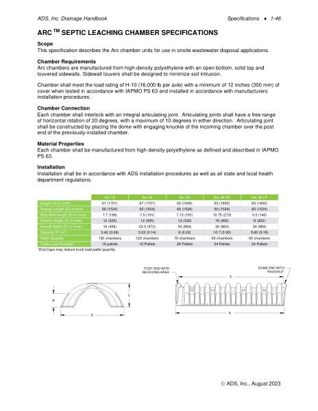 Arc Septic Leaching Chamber Specification