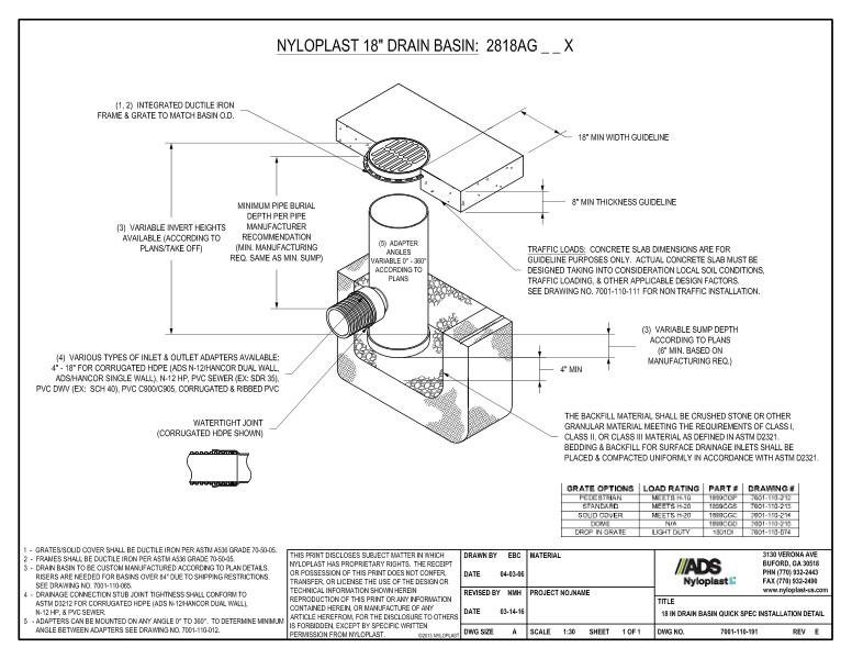 18" Drain Basin Quick Spec Installation Nyloplast Detail