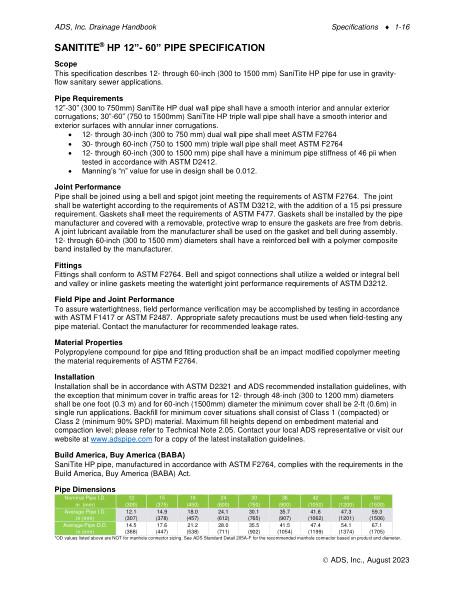 SaniTite HP Pipe Specification