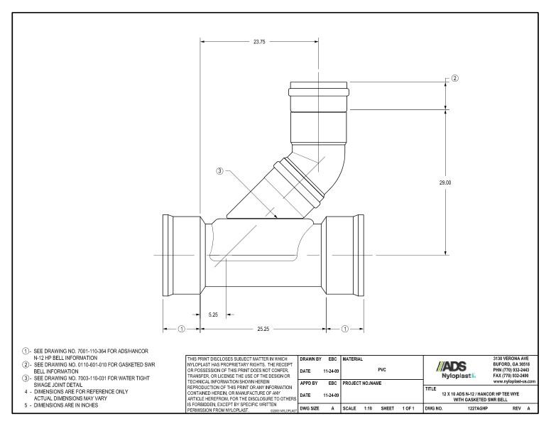 12 x 10 HP Tee Wye with Gasketed SWR Bell Nyloplast Detail