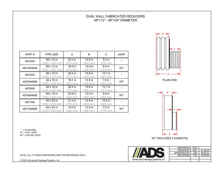 48" x 12" - 48" x 24" Fabricated Reducers (HDPE Dual Wall Fabricated Reducers Fittings)