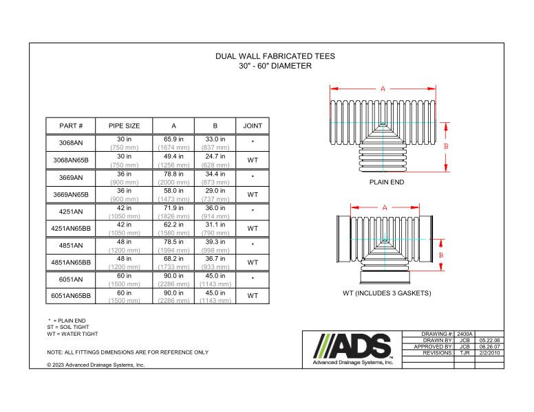 30" - 60" Fabricated Tees (HDPE Dual Wall Fabricated Tees Fittings)