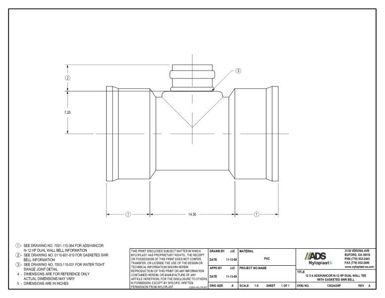 12 x 6 HP Tee with Gasketed SWR Bell Nyloplast Detail