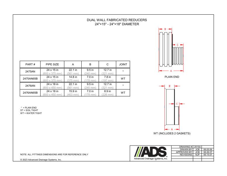 24" x 15" - 24" x 18" Fabricated Reducers (HDPE Dual Wall Fabricated Reducers Fittings)