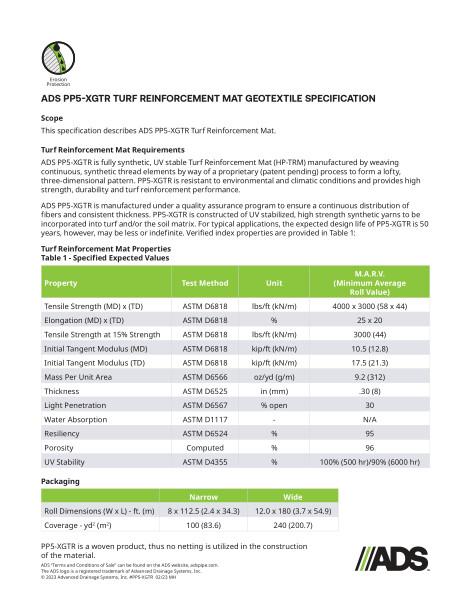PP5-XGTR Turf Reinforcement Mat Geosynthetic Specification