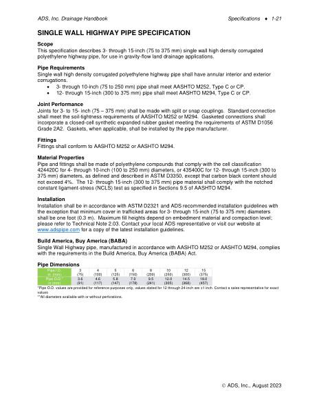 Single Wall Highway Pipe Specification
