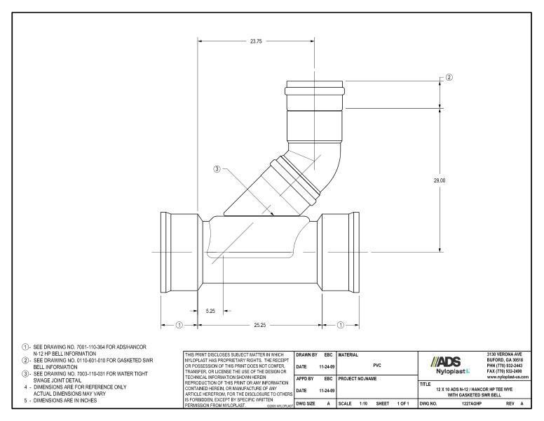12 x 10 HP Tee Wye with Gasketed SWR Bell Nyloplast Detail