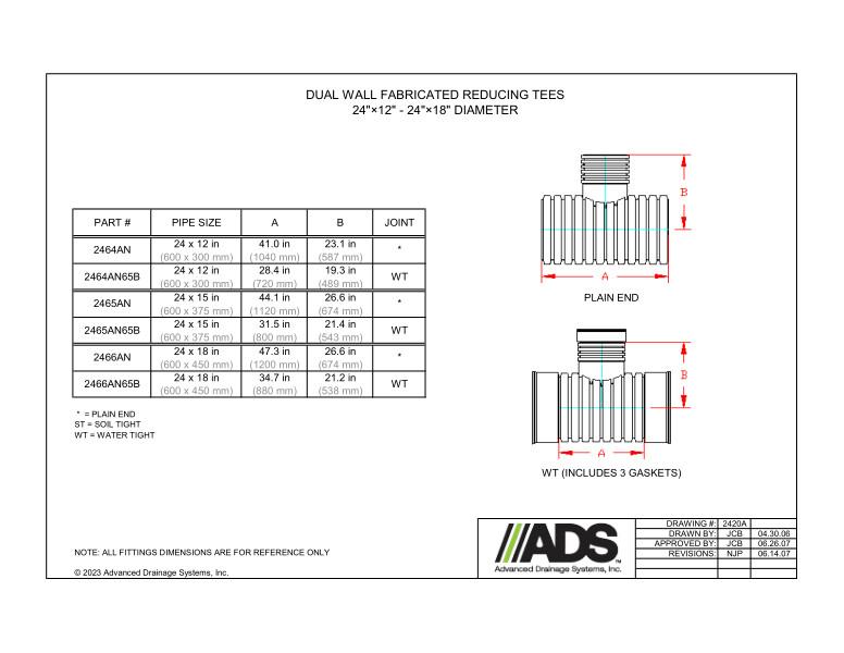 24" x 12" - 24" x 18" Fabricated Reducing Tees (HDPE Dual Wall Fabricated Tees Fittings)