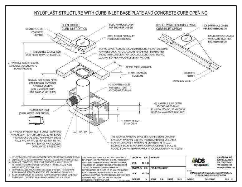 Drain Basin with Base Plate and Concrete Curb Opening Quick Spec Detail Nyloplast Detail