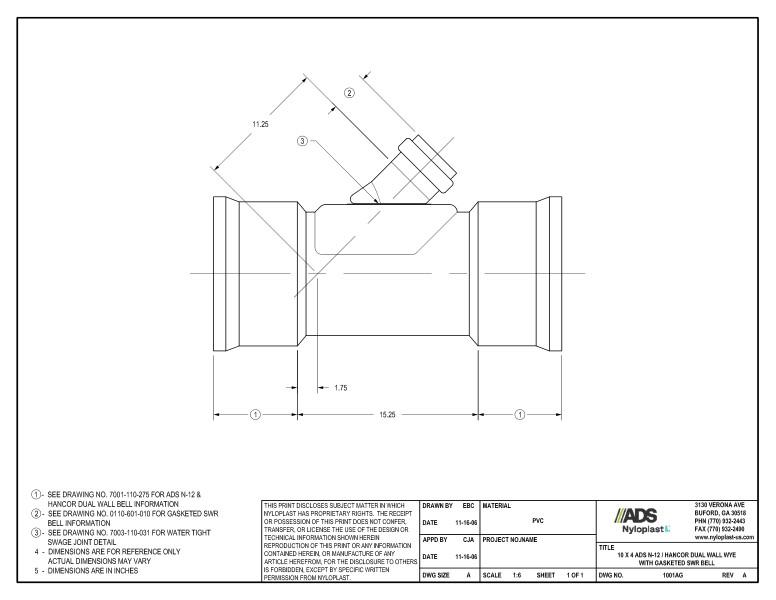 10 x 4 N-12 Dual Wall Wye with Gasketed SWR Bell Nyloplast Detail