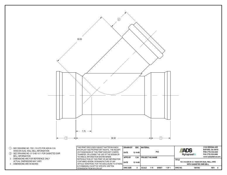 18 x 18 N-12 Dual Wall Wye with Gasketed SWR Bell Nyloplast Detail