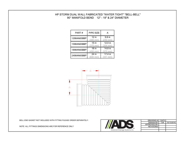 12"-18" & 24" WT Bell-Bell 90° Manifold Bend (HP Storm Manifolds Fittings Manual)
