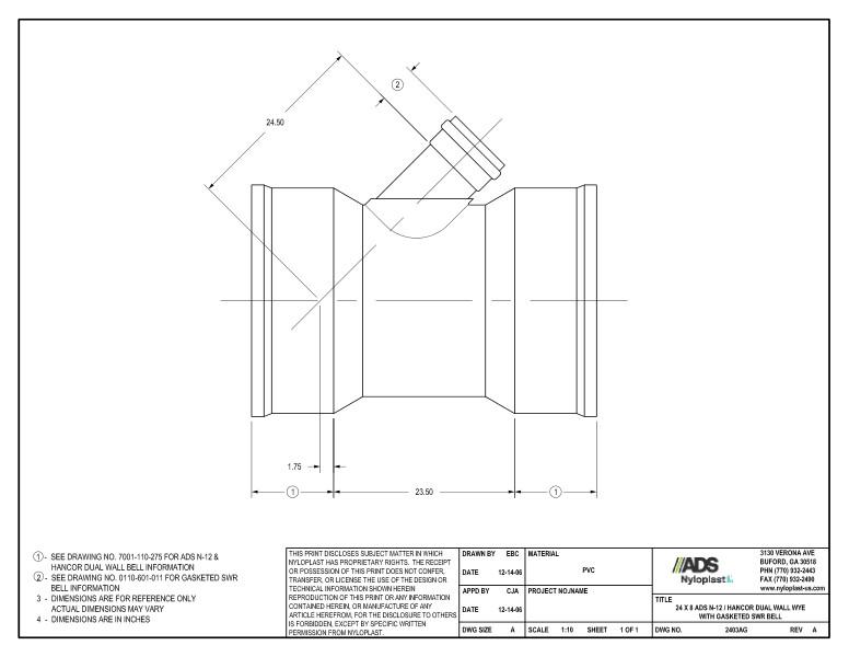 24 x 4 N-12 Dual Wall Wye with Gasketed SWR Bell Nyloplast Detail
