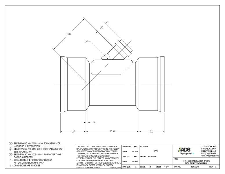12 x 4 HP Wye with Gasketed SWR Bell Nyloplast Detail