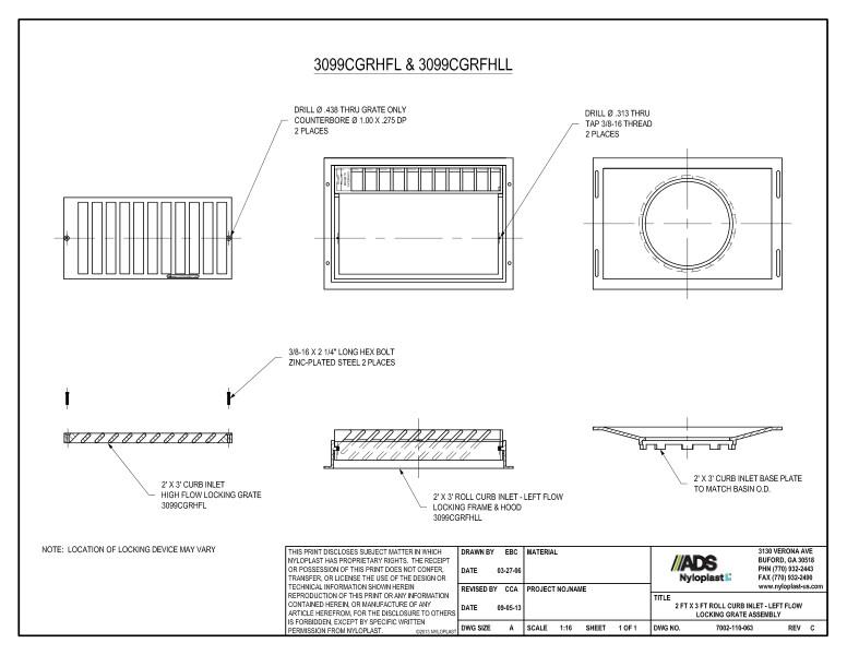 2' x 3' Roll Curb Inlet - Left Flow Locking Grate Assembly Nyloplast Detail