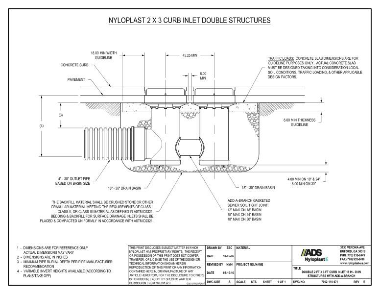 Double 2' x 3' Curb Inlet 18" - 30" Structures with Add-A-Branch Nyloplast Detail