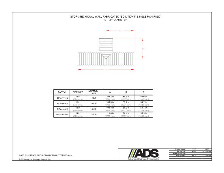12" - 24" StormTech Dual Wall Fabricated Soil Tight Single Manifolds (StormTech Dual Wall HDPE Fittings)