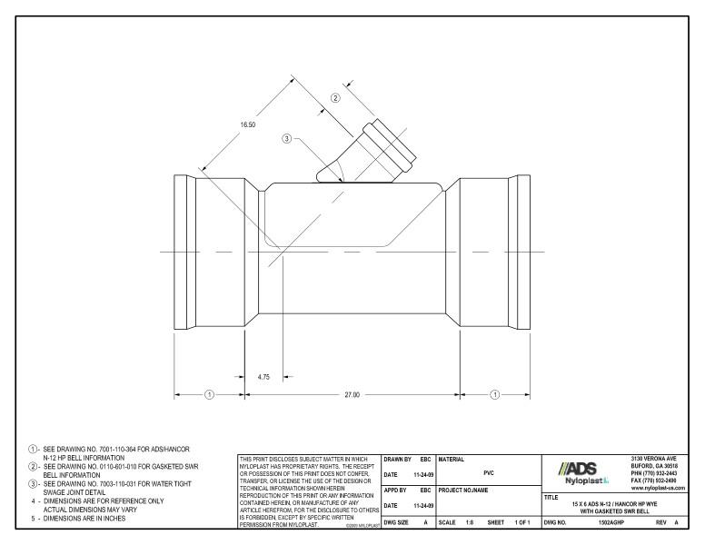 15 x 6 HP Wye with Gasketed SWR Bell Nyloplast Detail