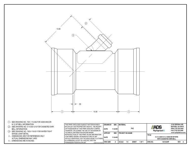 12 x 4 HP Wye with Gasketed SWR Bell Nyloplast Detail