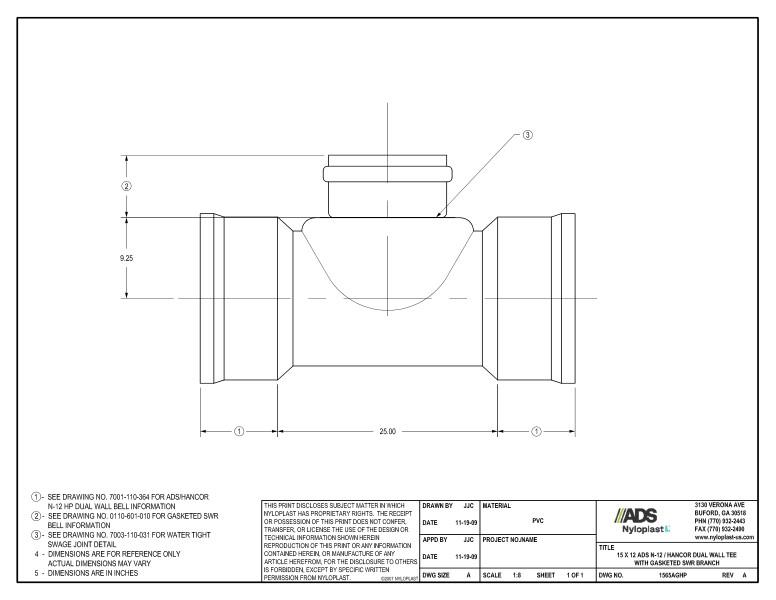 15 x 12 HP Tee with Gasketed SWR Bell Nyloplast Detail