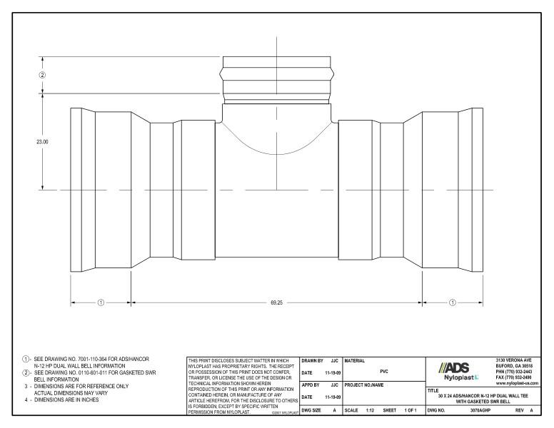 30 x 24 HP Tee with Gasketed SWR Bell Nyloplast Detail