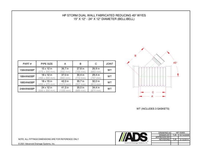 15" X 12" - 24" X 12" 45º Wyes - Bell/Bell (HP Storm Wyes Fittings Manual)