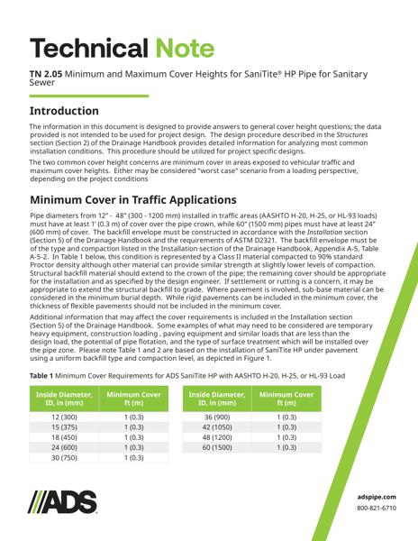 TN 2.05 Minimum Maximum Cover Heights for SaniTite HP for Sanitary Sewer