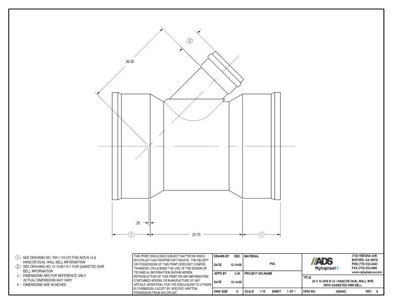 24 x 10 N-12 Dual Wall Wye with Gasketed SWR Bell Nyloplast Detail