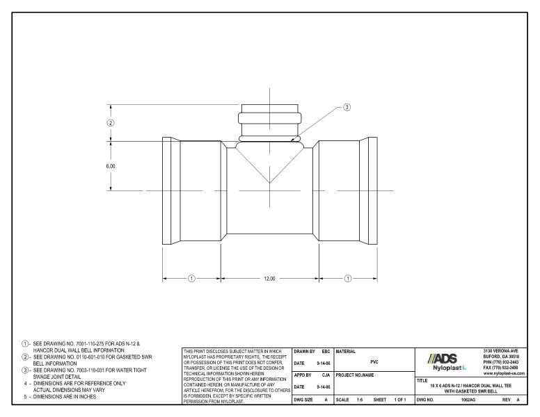 10 x 6 N-12 Dual Wall Tee with Gasketed SWR Bell Nyloplast Detail
