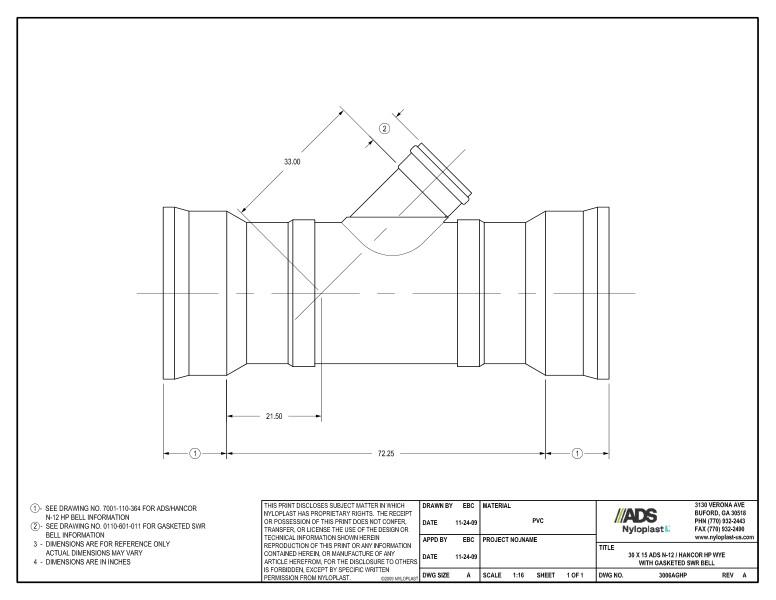 30 x 15 HP Wye with Gasketed SWR Bell Nyloplast Detail