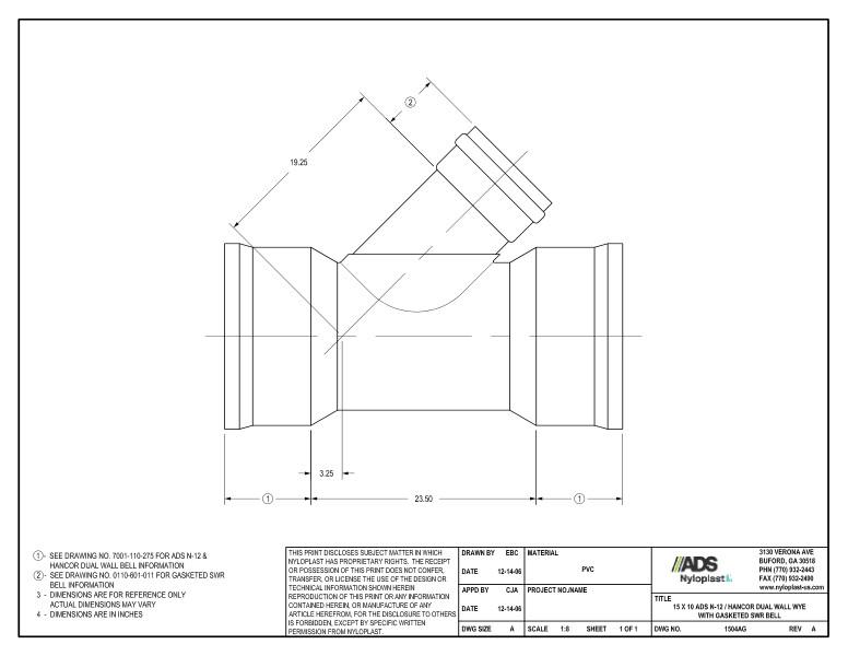 15 x 10 N-12 Dual Wall Wye with Gasketed SWR Bell Nyloplast Detail